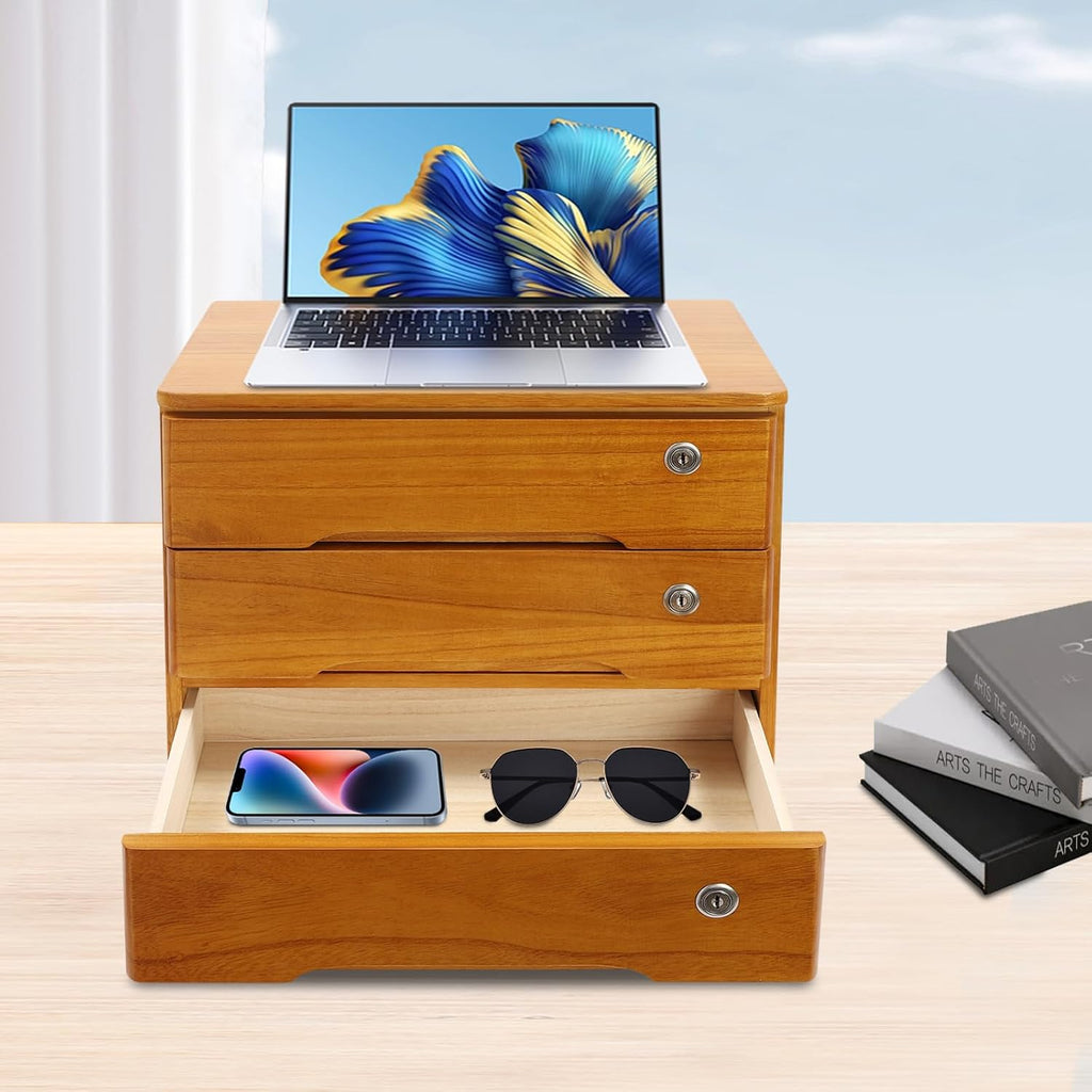 Wooden Desktop Storage Box with Lockable Drawers, File Organizer U4324