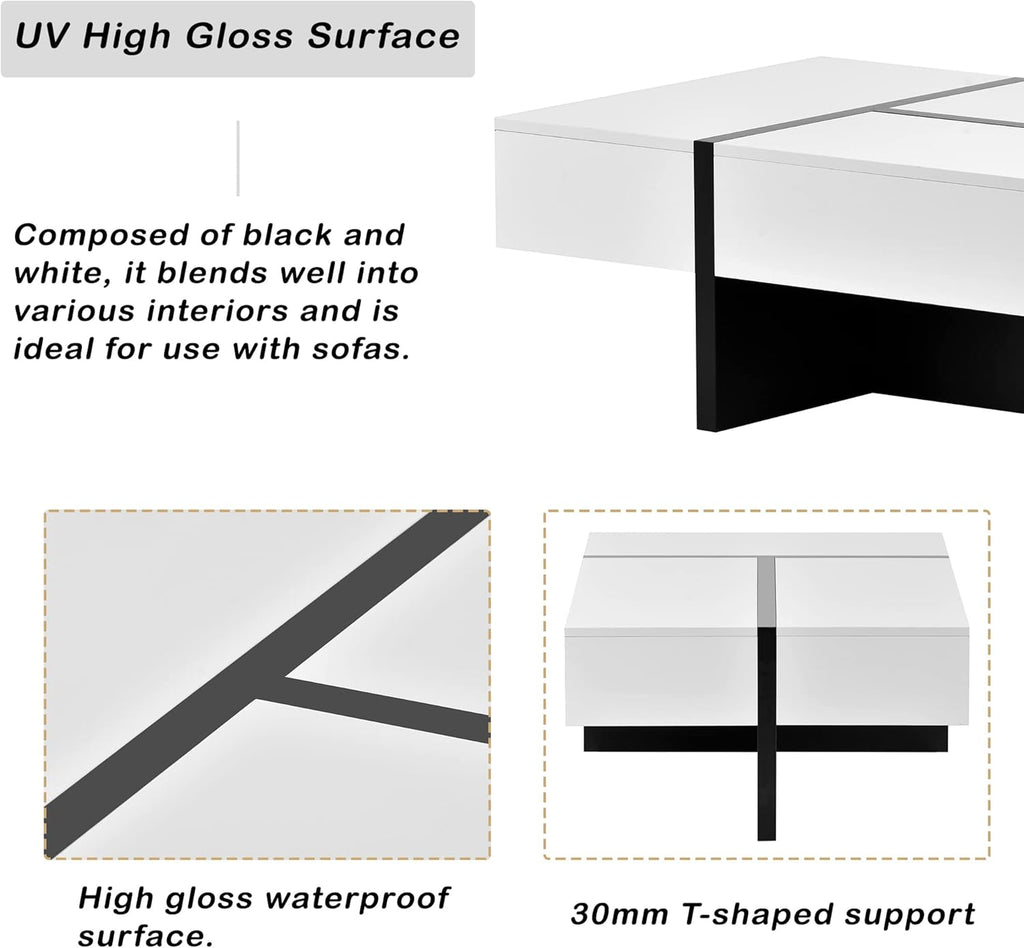 Merax Contemporary Rectangle Coffee Table, High Gloss, White and Black L88478