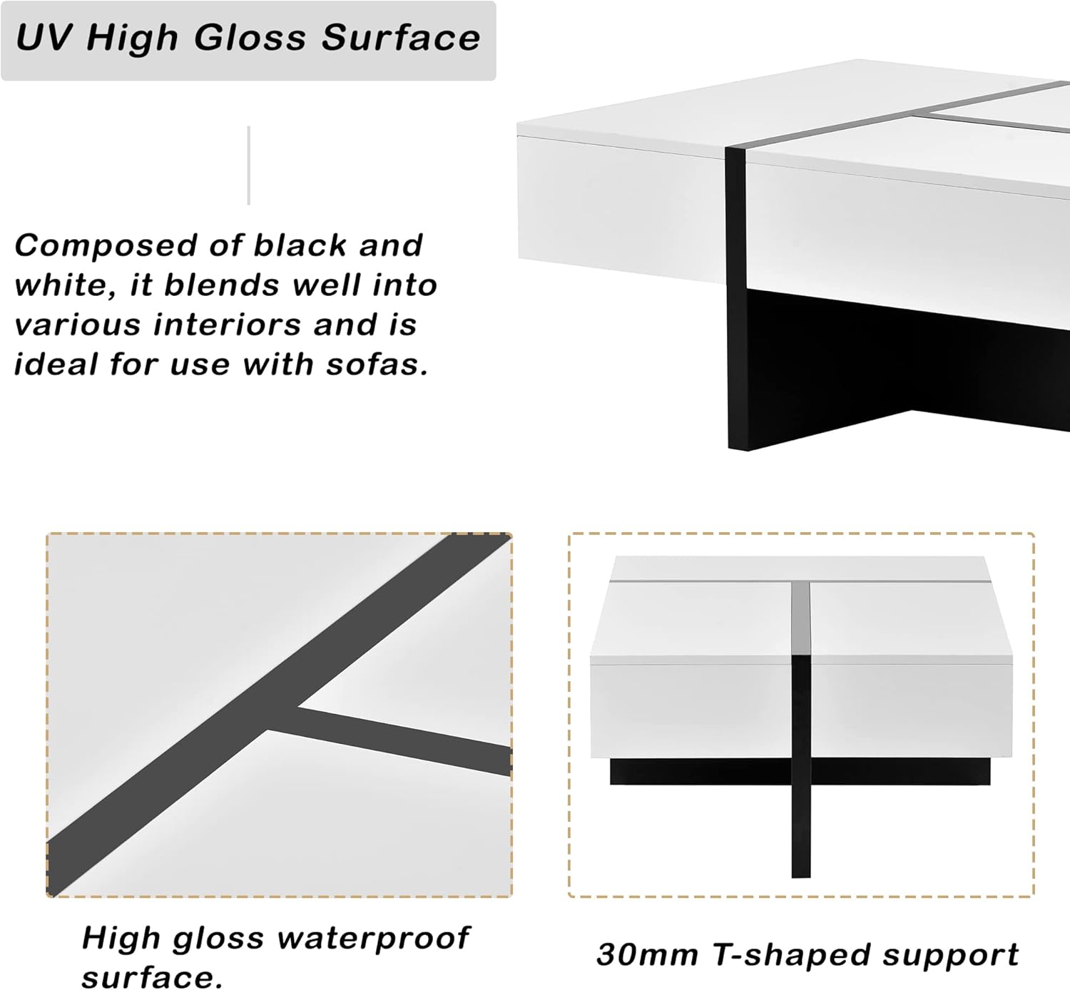 Merax Contemporary Rectangle Coffee Table, High Gloss, White and Black L88478