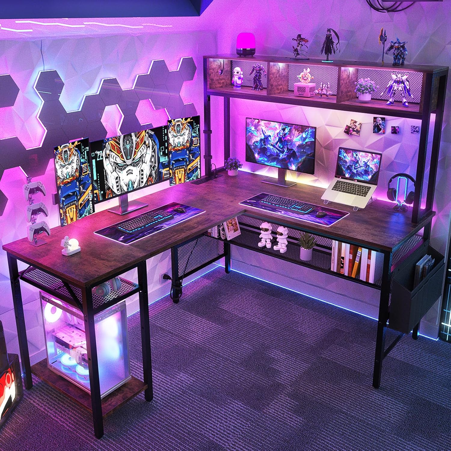 Aheaplus L Shaped Gaming Desk with LED Lights & Power Outlets, 55 Inch L-Shaped Computer Desk with Storage Shelf & Monitor Stand, Corner Desks 2 Person Reversible Desk Home Office Desk, Rustic Brown