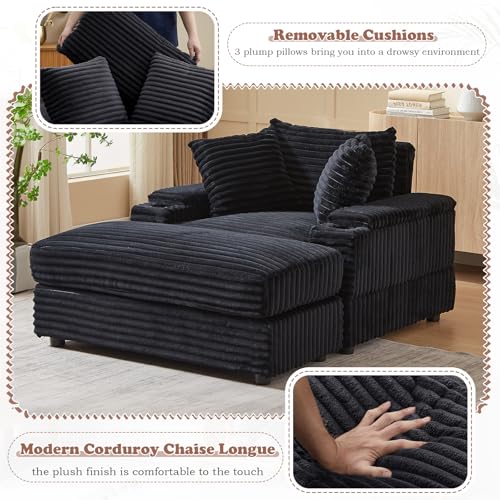 Modern Chaise Longue Indoor 86.6" 3 Seater Corduroy Sofa with Ottoman, Green Z39954