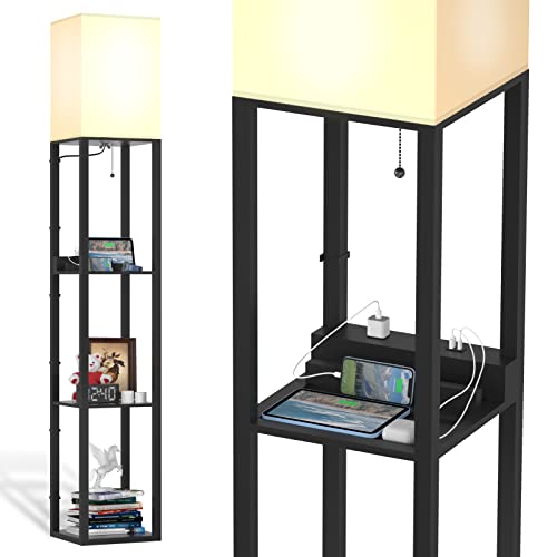 PAZZO Floor Lamp with Shelves by Solid Wood, Modern Shelf Floor Lamp with 3 Color Temperature, Linen Lampshade and Storage Shelves for Living Room, Bedroom, Bulb Included(Black)