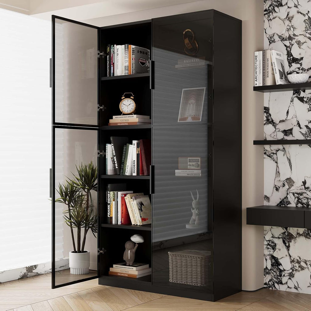 Wooden Display Cabinet with Glass Doors and LED Light, Black K527