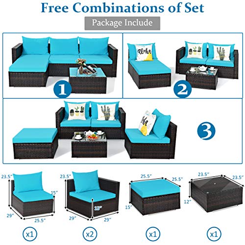 Tangkula 5 Piece Outdoor Patio Furniture Set, Wicker Sectional Sofa with Glass Top Coffee Table, Turquoise H613244