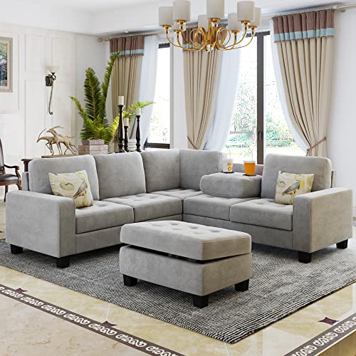L-Shape Sectional Sofa with Storage Ottoman, Light Grey X911071