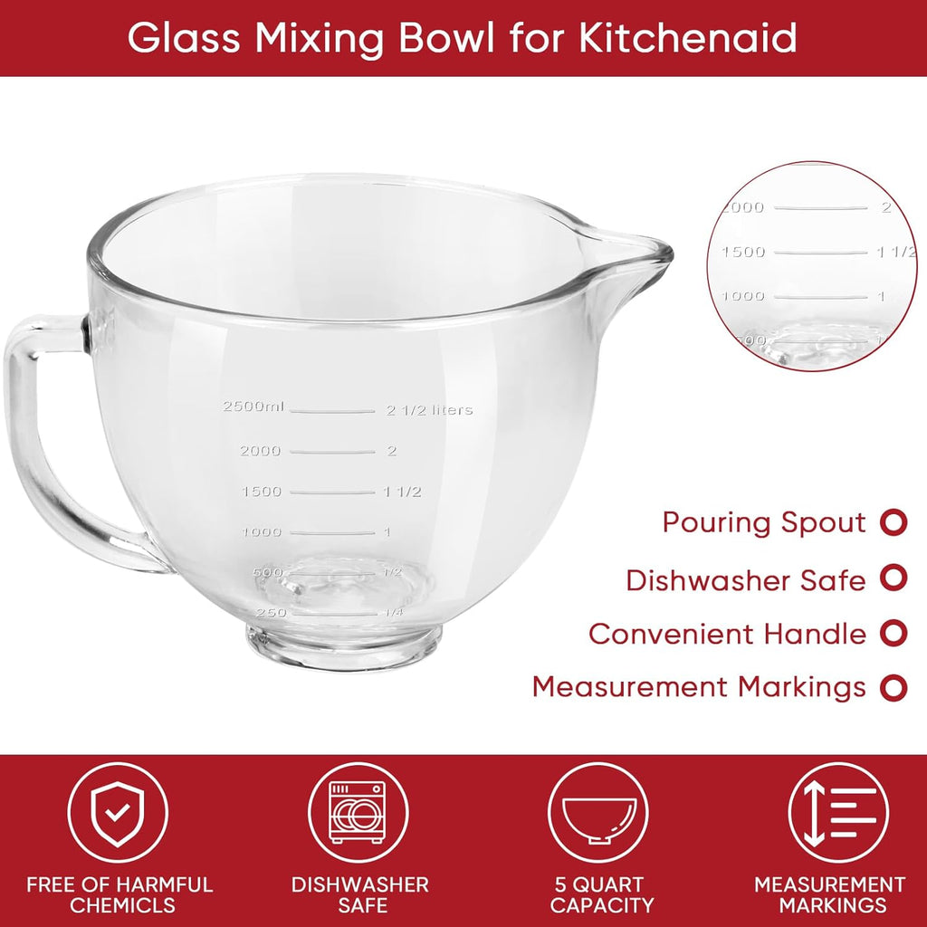 Tilt-Head Stand Mixer Glass Bowl 5 QT with Lid, Compatible with KitchenAid Artisan & Classic G6035