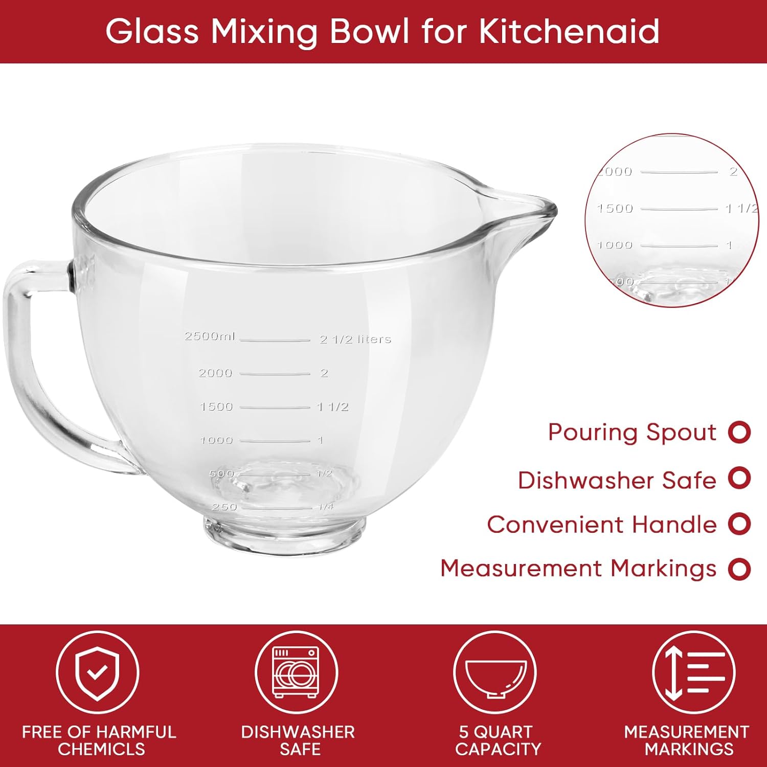 Tilt-Head Stand Mixer Glass Bowl 5 QT with Lid, Compatible with KitchenAid Artisan & Classic G6035