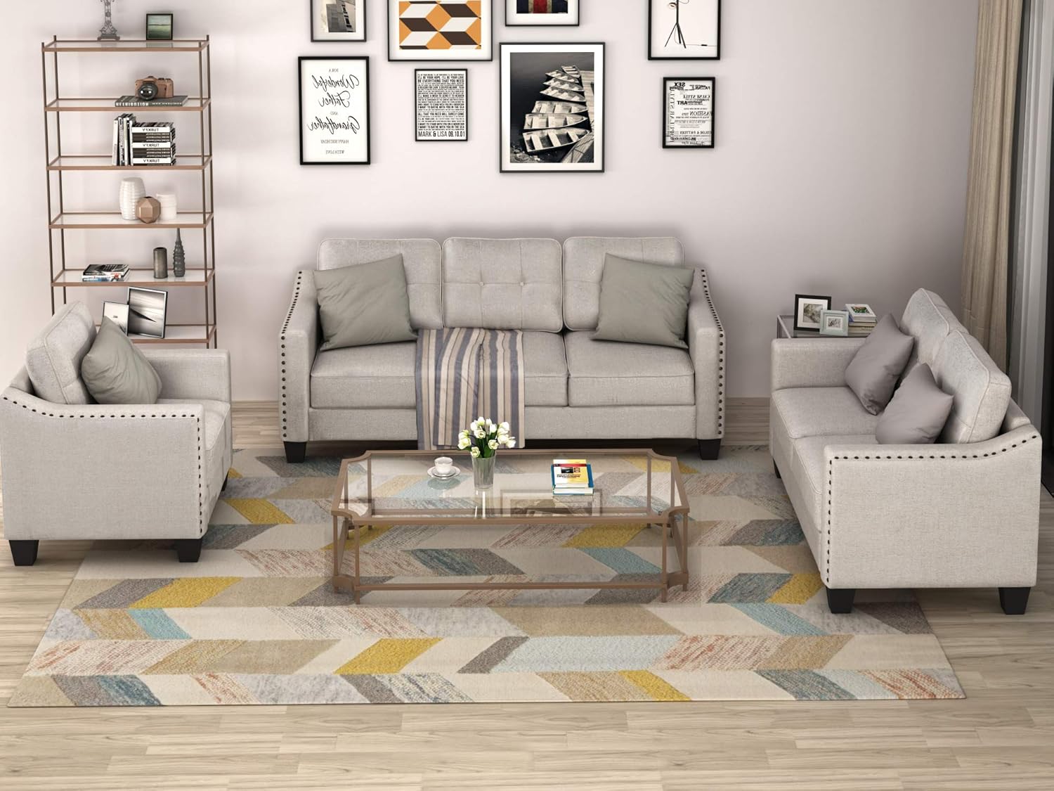 FANYE 3 Pieces Living Room Furniture Sets Include, Loveseat and Armchair, Linen Fabric Upholstered Sectional Classical Rivets Decor and Tufted Back Cushions, Sofa & Couch, 1, Beige 77.2" W