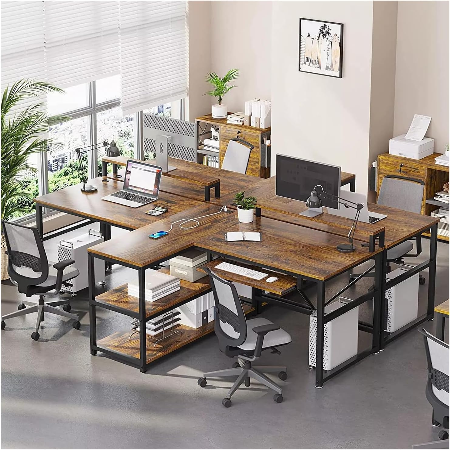Brown 95 Inches Home Office Computer Gaming Desk for 2 Person with RGB LED Lights E66924