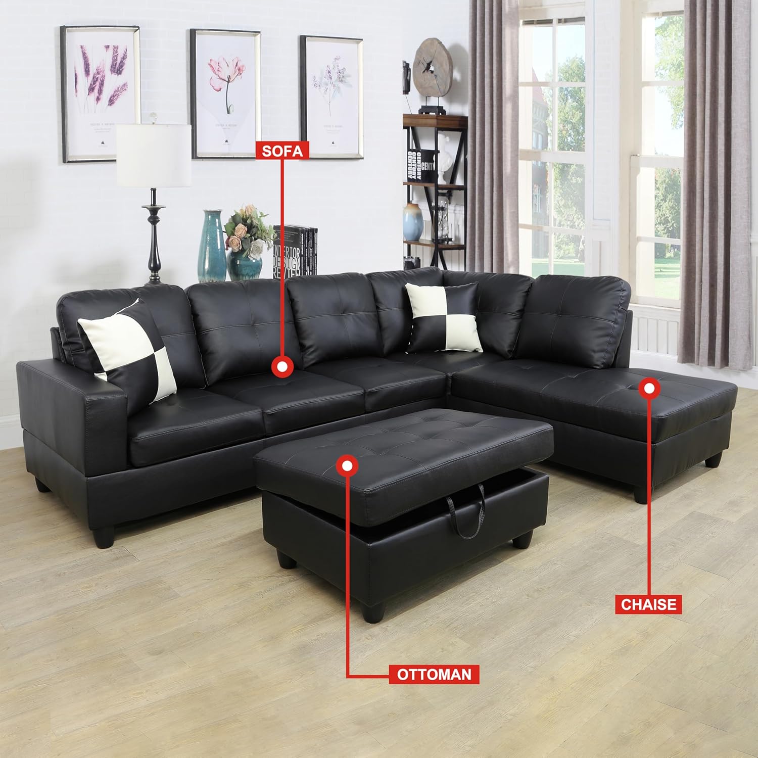 103 Inch L Shape 3 Piece Sectional Sofa Set with Storage Ottoman, Black L585