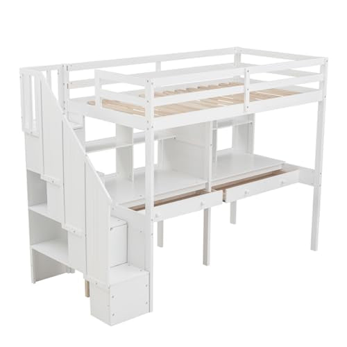 Harper & Bright Designs Twin Size Loft Bed with Stairs and Desks, White A4887