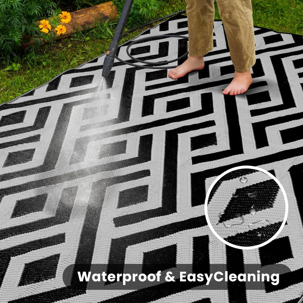 8x10 Outdoor Patio Rug with Carry Bag, Waterproof Reversible Picnic Mat - Black & Light Grey V3121