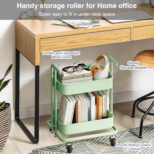 2 Tier Rolling Metal Utility Cart with Wheels, Foldable Storage Trolley, Pastel Green S335767