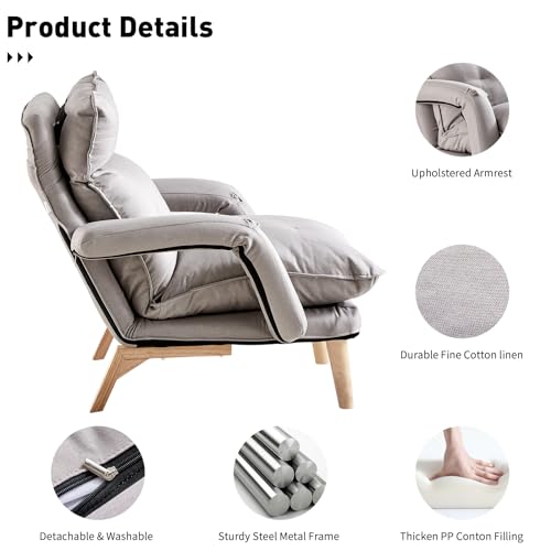 Linen Accent Chair with Ottoman, Adjustable Lounge Chair with Footstool, Gray W9346