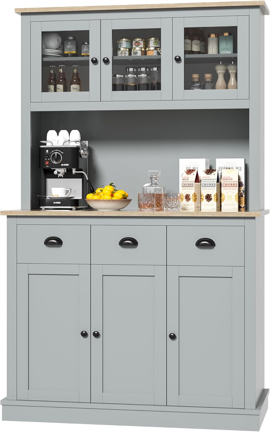 MU 71" Kitchen Hutch Storage Cabinet with Countertop, Grey U89791
