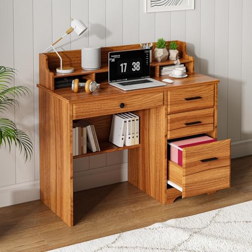 4 EVER WINNER Computer Desk with Storage Drawers and Hutch, 44 Inch White W8153