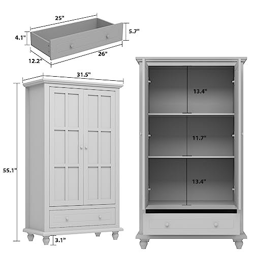 Hitow Tall Bookcase with Glass Doors, 4-Tier Shelf and 2 Drawers, White F992613