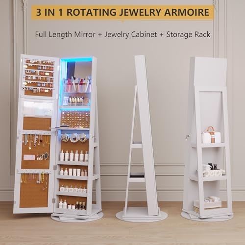 Vlsrka 360° Swivel Jewelry Cabinet with Lights and Full Length Mirror, Black R450