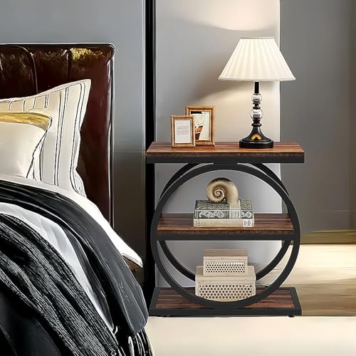 3-Tier End Table with Storage, Wood Round Metal Frame Nightstand P8044