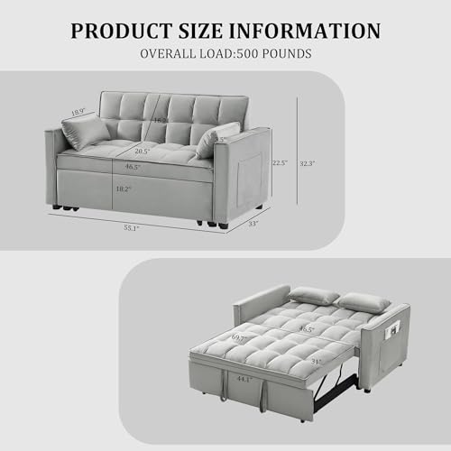 3 in 1 Convertible Sleeper Sofa Bed, Velvet Pull-Out Couch with Adjustable Backrest, Gray N451