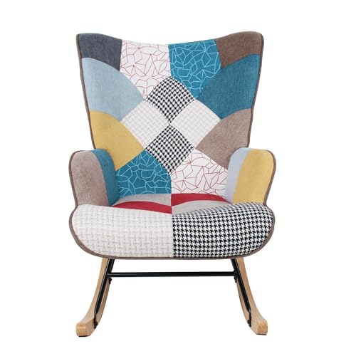 Patchwork Rocking Chair Accent Armchair with Footstool and Pillow G7533