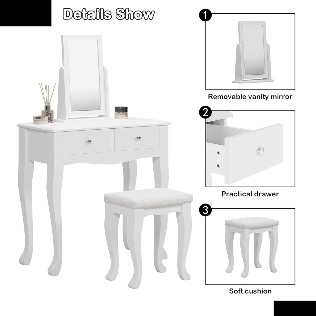 sogesfurniture Vanity Dressing Table Set with Pivoting Mirror and Stool, White X62280