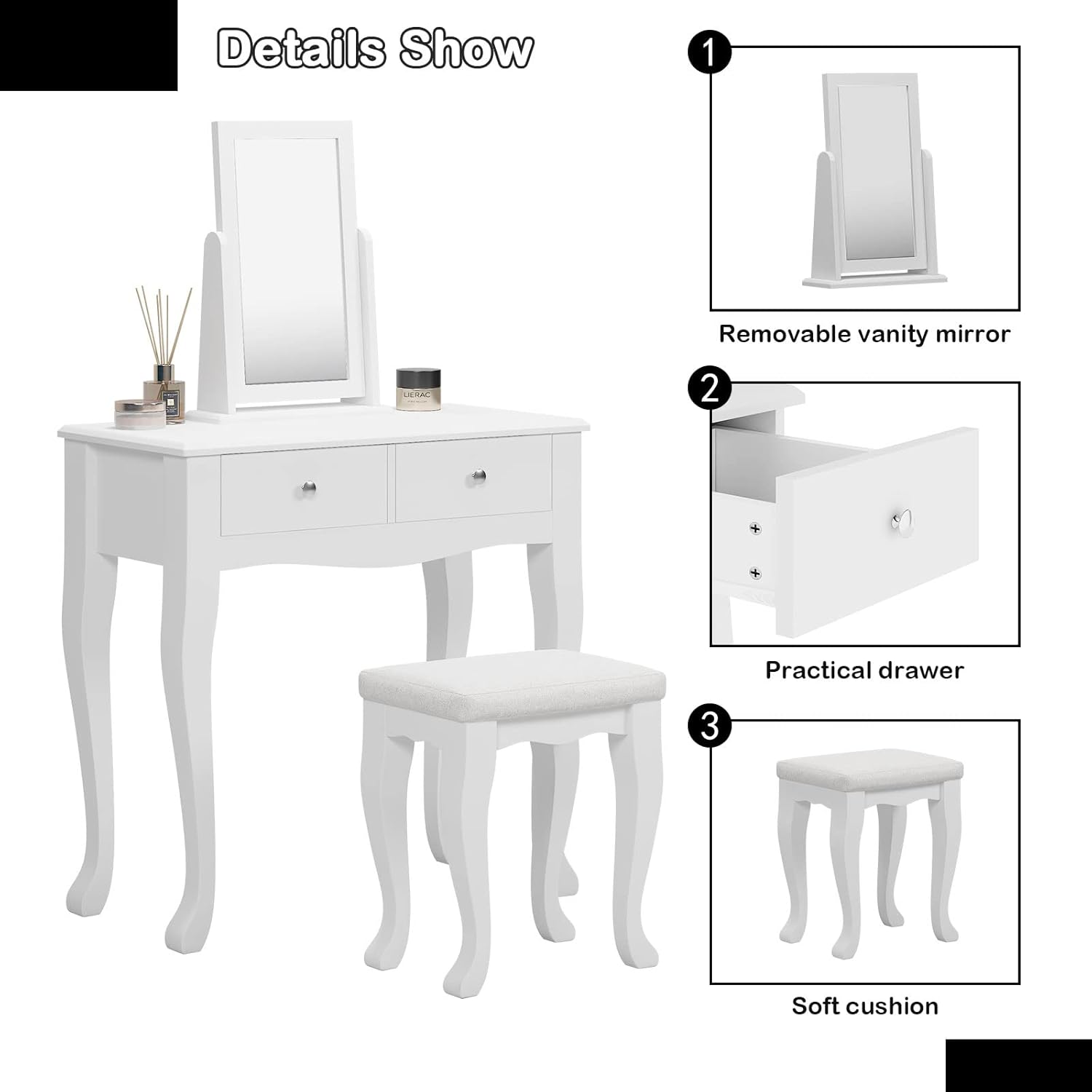 sogesfurniture Vanity Dressing Table Set with Pivoting Mirror and Stool, White X62280