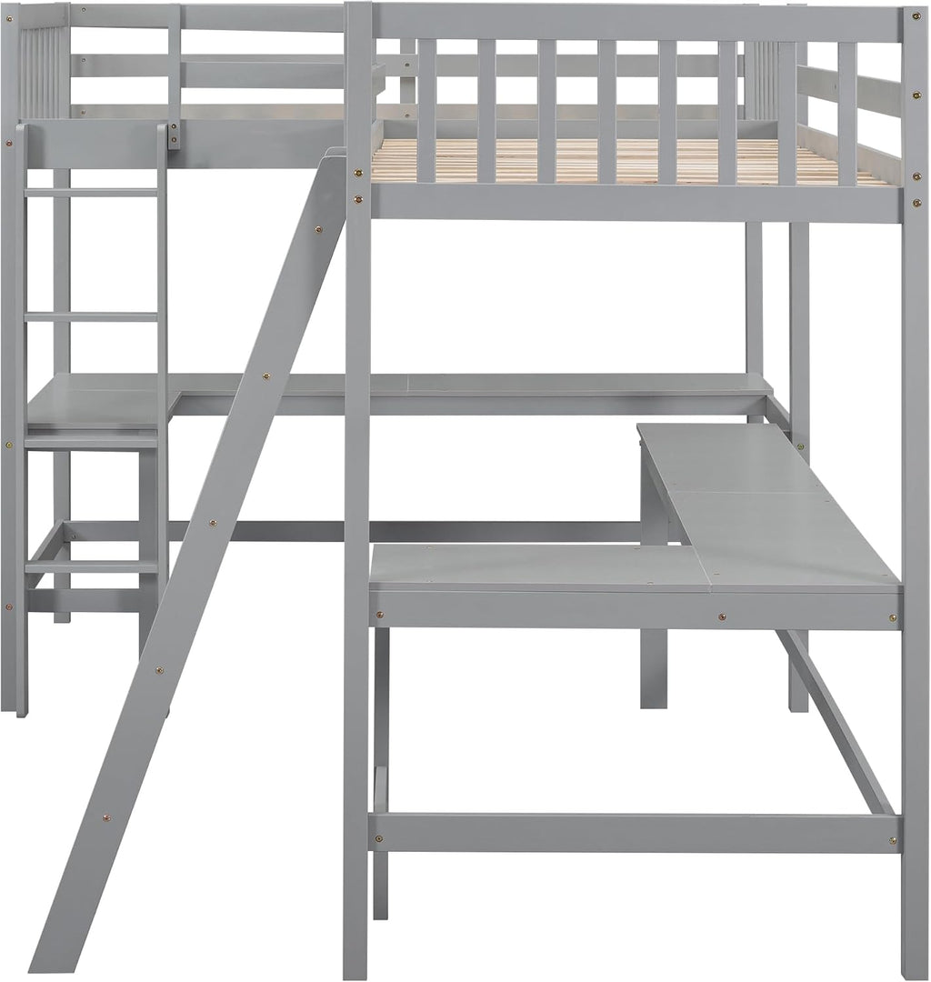 L-Shaped Double Twin Loft Bed with 2 Desks, Wood, Gray O422687