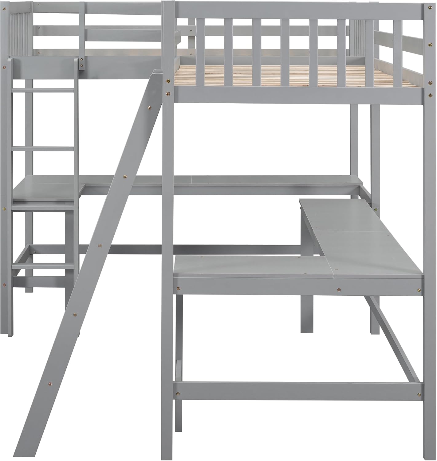 L-Shaped Double Twin Loft Bed with 2 Desks, Wood, Gray O422687