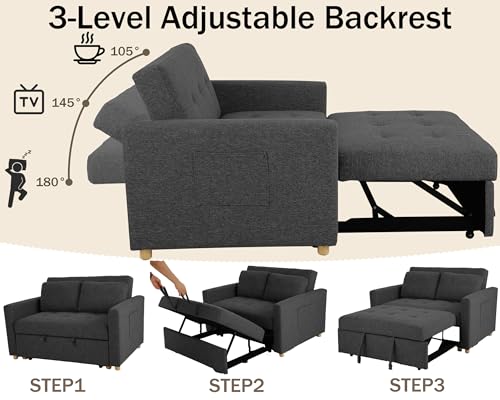 3-in-1 Convertible Sleeper Sofa Bed with Adjustable Backrest, Linen Fabric, Sky Blue K365