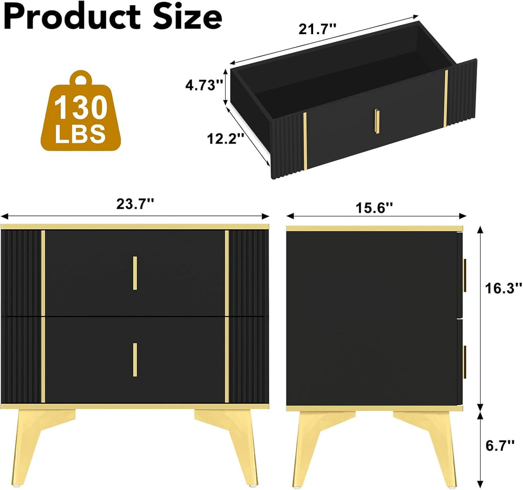 Wakefit Nightstands Set of 2, Light Luxury Bedside Table with 2 Wood Drawers, Black S5458