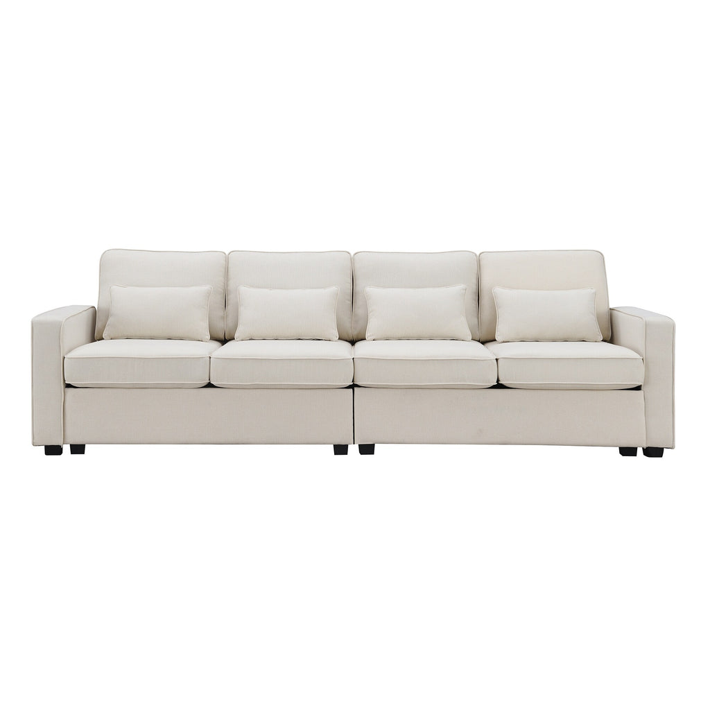 4-Seater Removable Cushion Sofa Modern Linen Fabric Sofa with Armrest Pockets and 4 Pillows Minimalist Couch for Living Room
