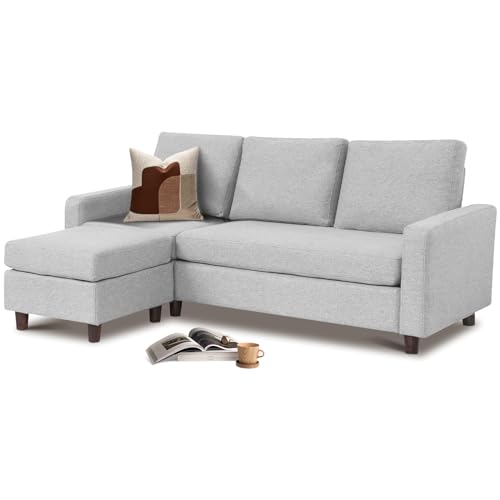Babion 79" Convertible Sectional Sofa Couch, Linen Fabric L-Shaped Couch 3-Seat Sofa with Removable Ottoman for Living Room, Apartment and Compact Spaces, Light Gray