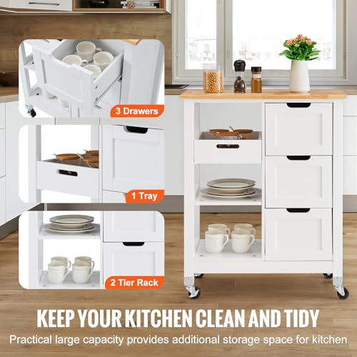 VEVOR Kitchen Island Cart, 26 inch Wood Top Rolling Cart with 3 Drawers D83256