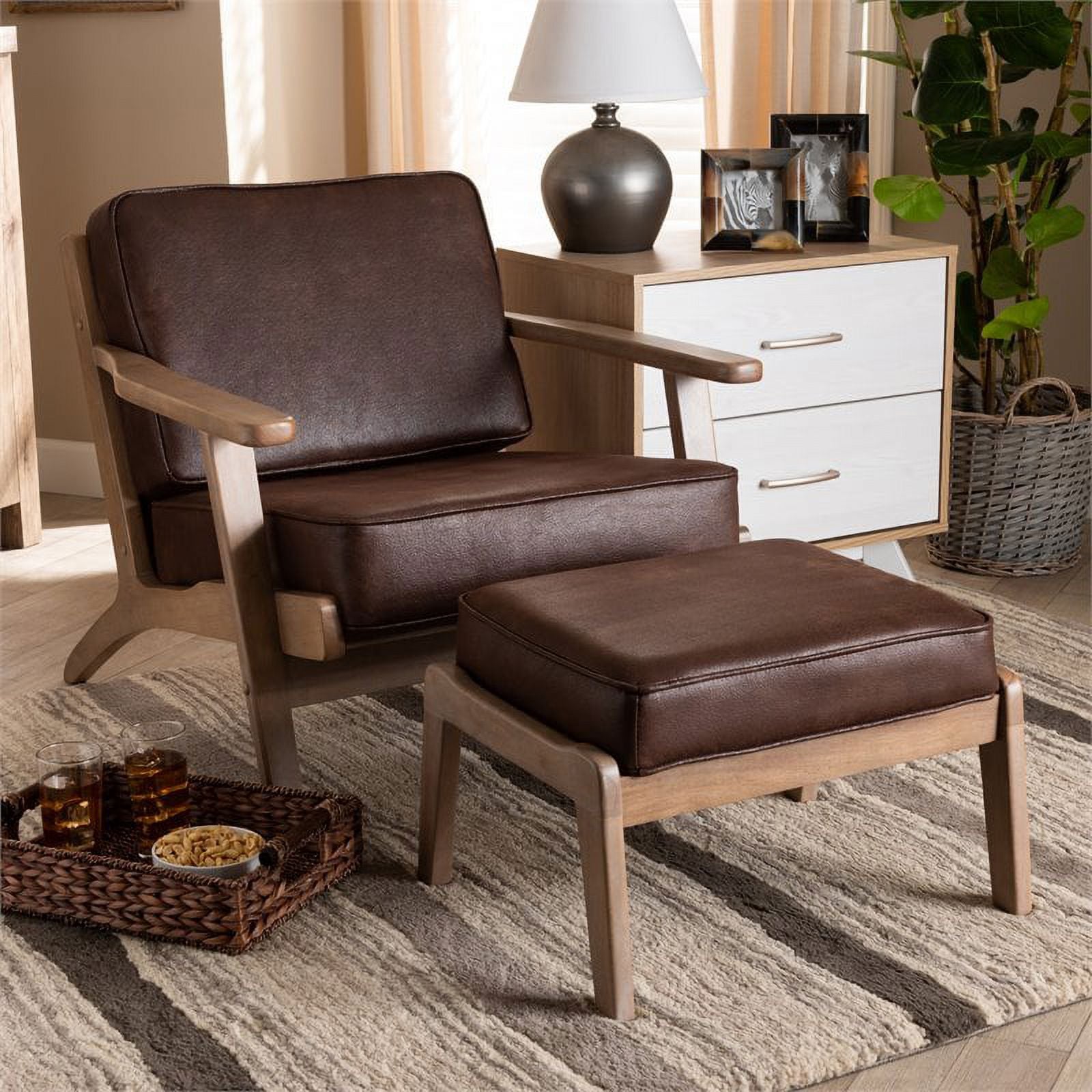 Bowery Hill Dark Brown Faux Leather Oak Armchair and Ottoman Set J30422