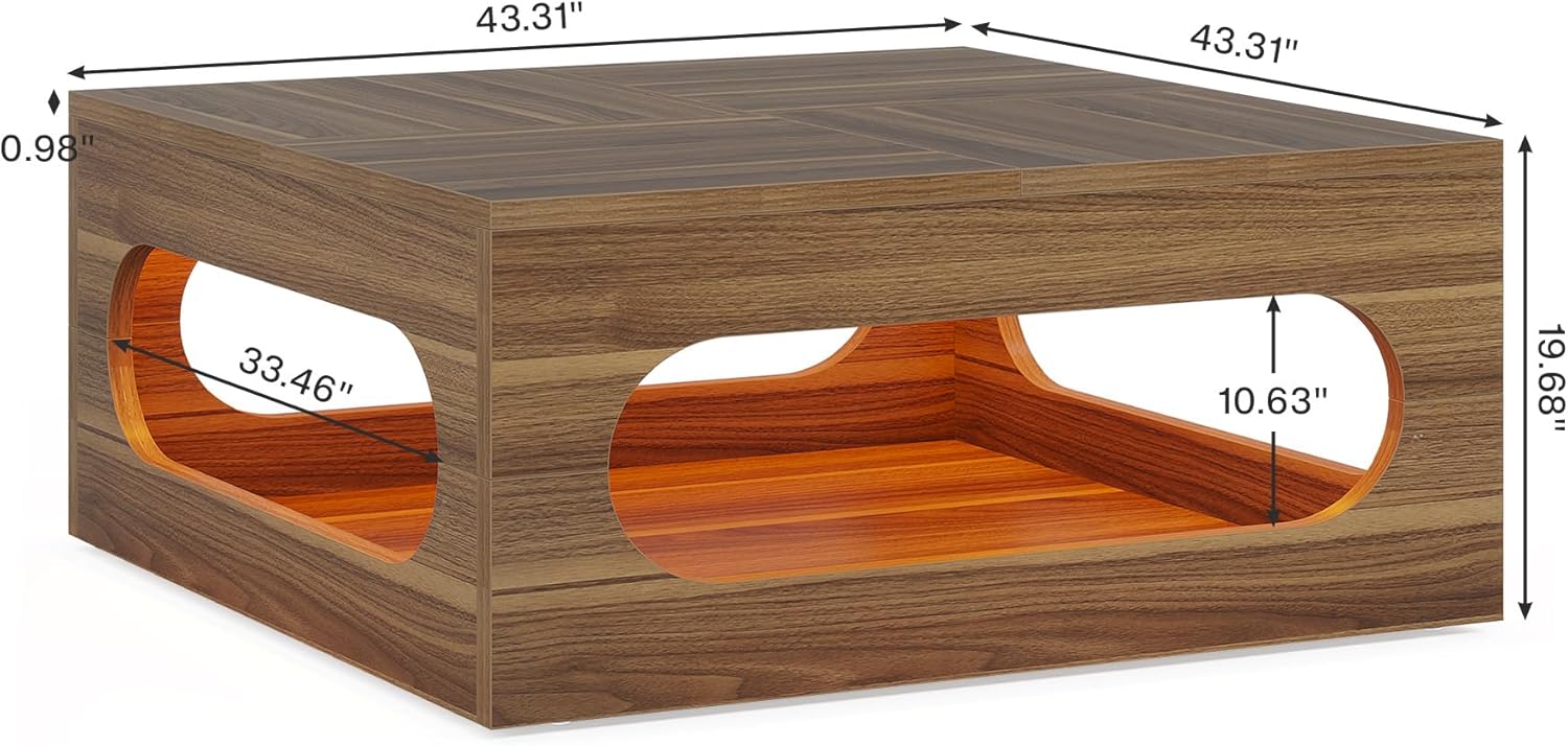 Tribesigns 43-Inch Square Coffee Table with LED Light and Storage, Brown B9843