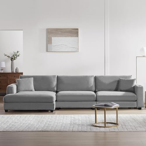 134" Oversized Sectional Sofa L Shaped Couches for Living Room, Modern Corduroy Sleeper Couch Comfy Cloud Couch Set with Chaise & USB Charging Port & Cup Holder for Apartment, Beige