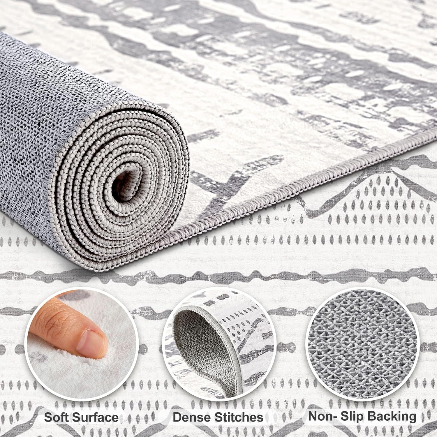 9x12 Washable Boho Area Rug for Living Room - Grey X5758