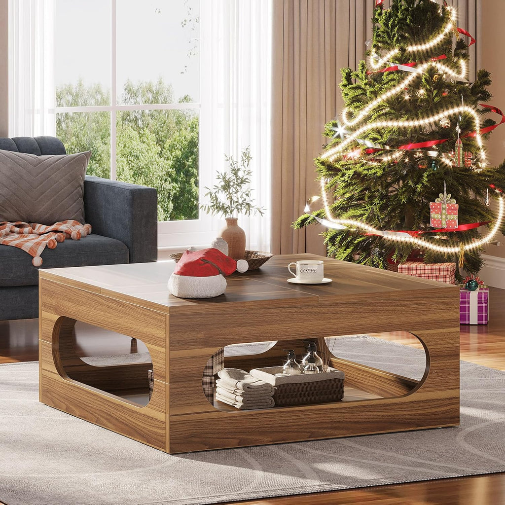 Tribesigns 43-Inch Square Coffee Table with LED Light and Storage, Brown B9843