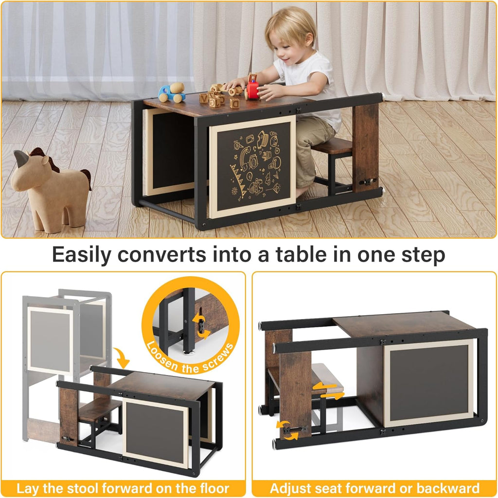 Toddler Kitchen Stool Helper 4-in-1 with Chalkboard Safety Rail, Adjustable Height Wooden Standing Tower J36959