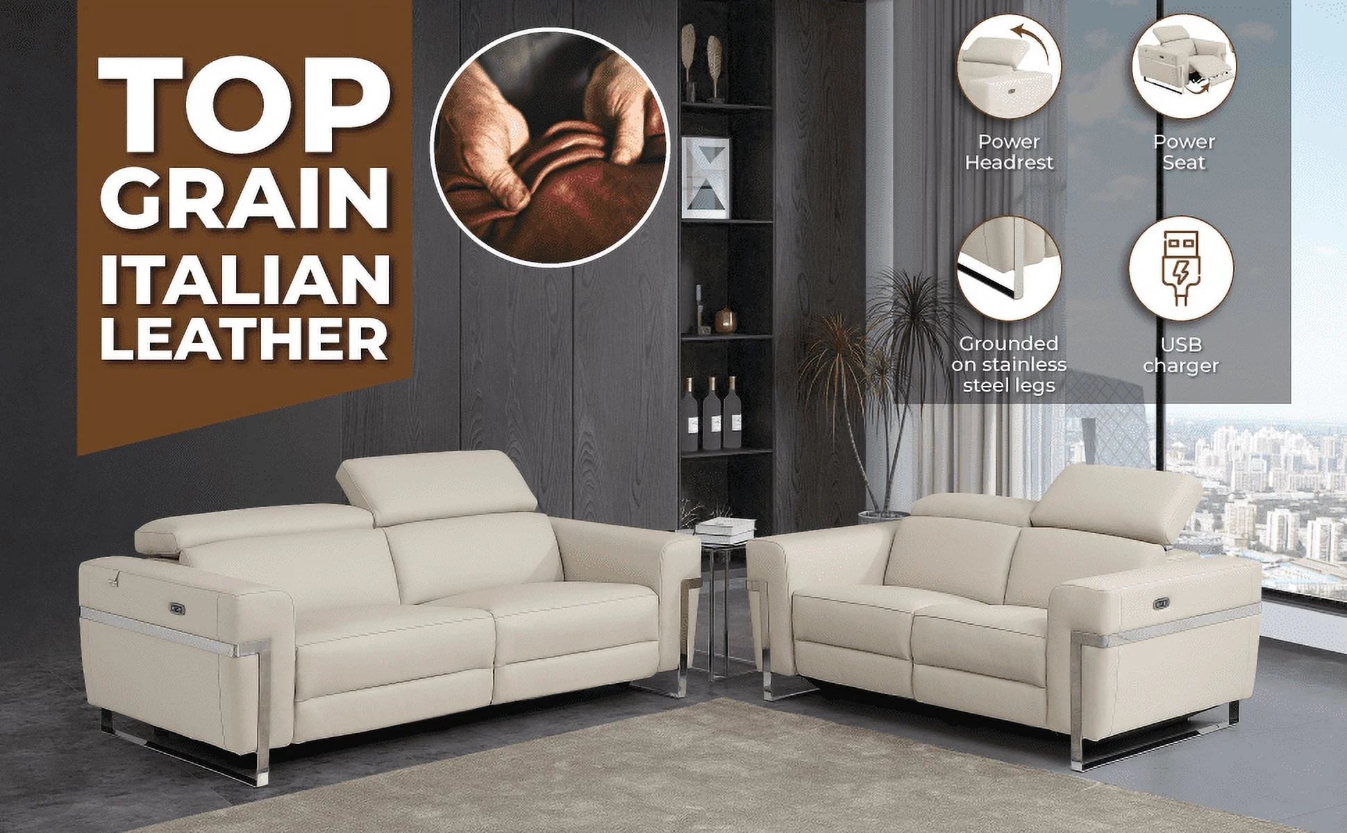 Regal Top Grain Italian Leather Power Recliner Chair - Beige L672