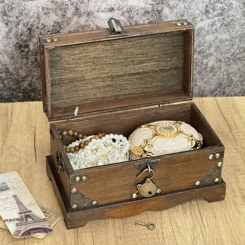 Wooden Treasure Chest Box with Lock for Jewelry and Trinkets P479