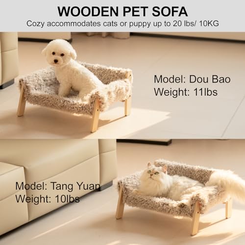 MEWOOFUN Cat Couch Bed, Wooden Pet Sofa with Removable Mattress Cover, Plush Beige F123404