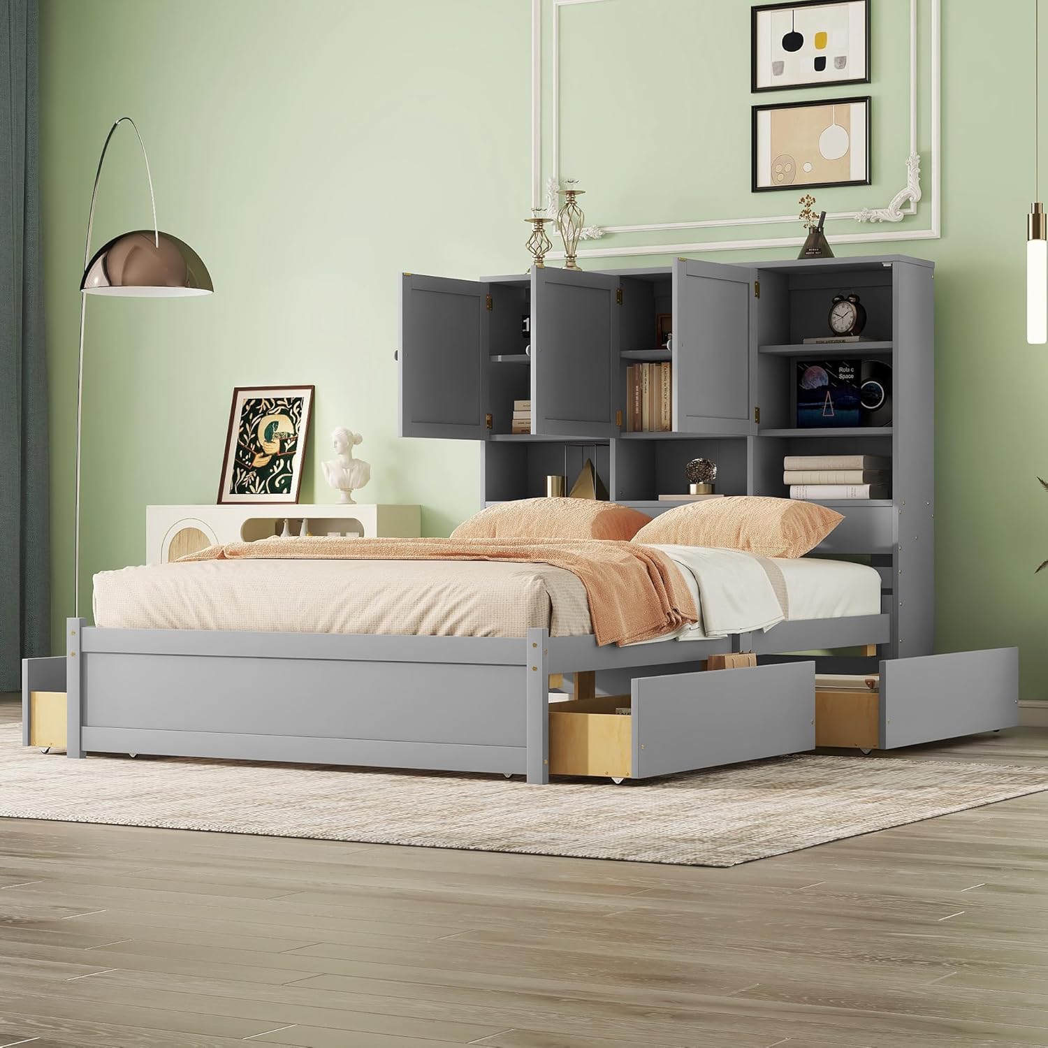 Queen Size Wooden Platform Bed Frame with Storage Headboard, Gray H629094