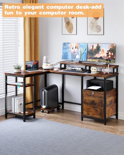 L Shaped Computer Desk with File Drawers, Power Outlets, Vintage Gray J419906