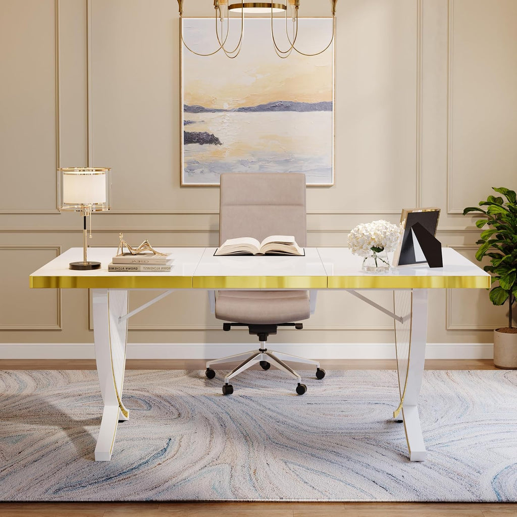 Tribesigns 63" Modern Executive Desk, White & Gold Q821027