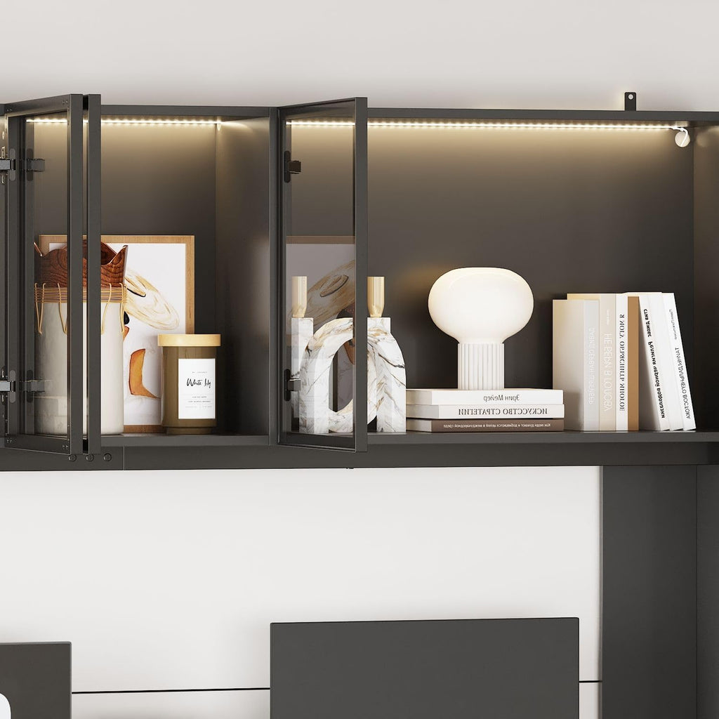 MOUMON Large Office Desk with Glass Doors & Lights, 4 Drawers, 78.3 inch X848