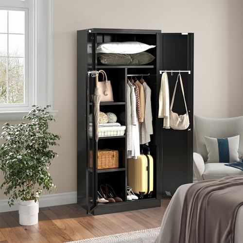 71" Armoire Wardrobe Closet with 2 Doors & 2 Drawers, Metal Storage Cabinet with Drawers and Hanging Rod, Metal Closet Organizers for Home, Office,Gym(White)