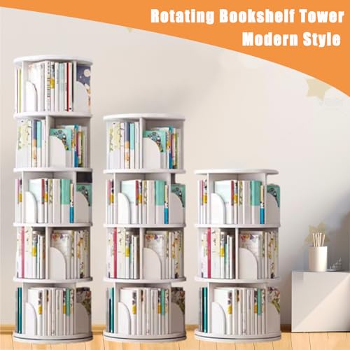 5 Tier Rotating Bookshelf Tower, Solid Wood Bookcase, White K103
