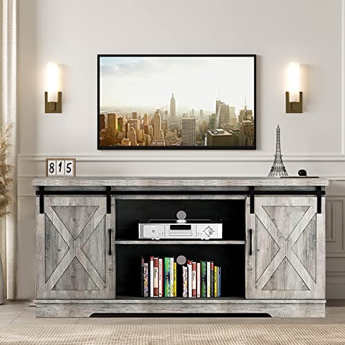 IDEALHOUSE Gray Barn Door TV Stand for 65 Inch TV, Farmhouse Entertainment Center with Storage A40792